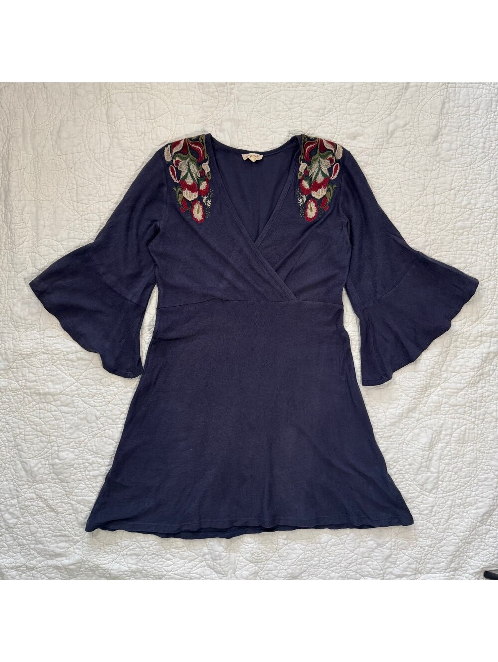 Mystree Surplice Navy Blue Faux Wrap Floral Embroidered Dress